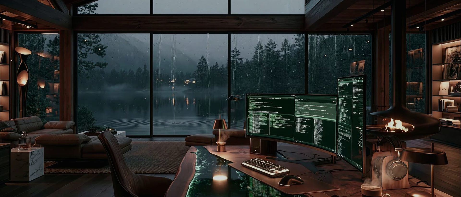 A lodge desk at dusk: rain on floor-to-ceiling glass, a lake and pine forest beyond, a fire burning at the right, monitors and a brass lamp lit low.